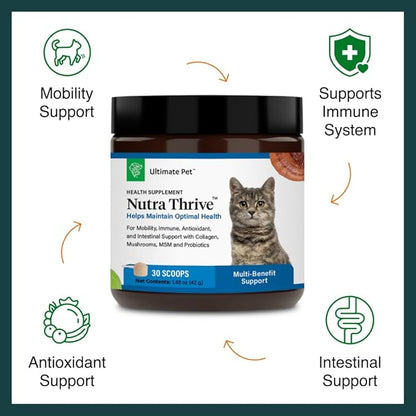 Ultimate Pet Nutrition Nutra Thrive™ Cat Supplement, Vet-Developed Powder for Mobility, Immune Support, Antioxidants &amp; Digestion with Probiotics, Collagen, &amp; Superfoods, 30 Servings