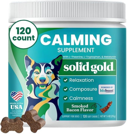Solid Gold Calming Chews for Dogs - Dog Calming Chews w/Melatonin for Separation, Stress &amp; Hyperactivity Relief - Supports Relaxation for Travel, Fireworks &amp; Storms - All Ages &amp; Sizes - Bacon 120ct