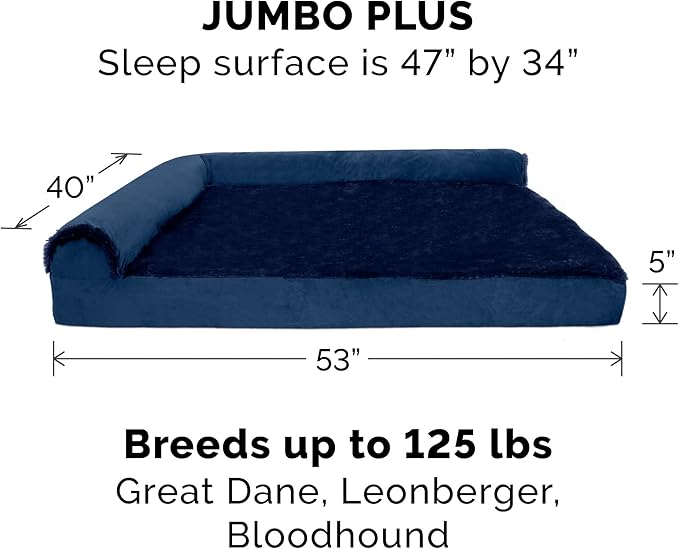 Furhaven Cooling Gel Dog Bed for Large Dogs w/ Removable Bolsters &amp; Washable Cover, For Dogs Up to 125 lbs - Plush &amp; Velvet L Shaped Chaise - Deep Sapphire, Jumbo Plus/XXL