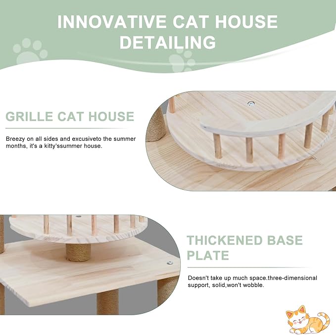 Wood Cat Tree 17” x 16”x 53” Modern Sturdy Cat Tower with Double Condos Hand-Woven Beds &amp; Toys Multilevel Huge Paws Pals Tree Indoor Cat Furniture for Big Cats