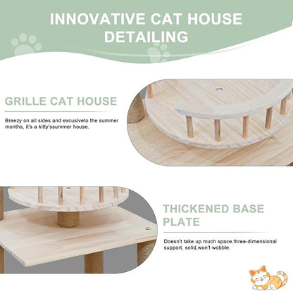Wood Cat Tree 17” x 16”x 53” Modern Sturdy Cat Tower with Double Condos Hand-Woven Beds &amp; Toys Multilevel Huge Paws Pals Tree Indoor Cat Furniture for Big Cats
