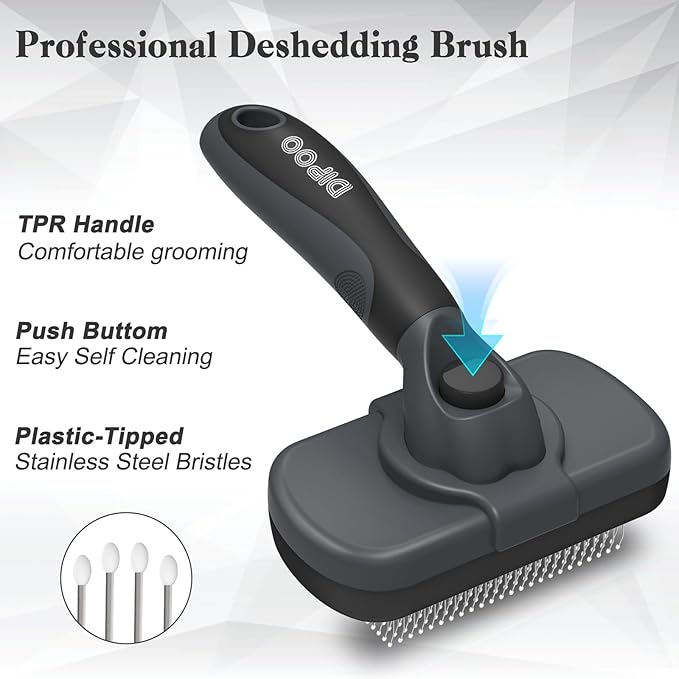 Self-Cleaning Deshedding Brush for Dogs &amp; Cats - Skin-Friendly Grooming Tool with Hair Brush for Long and Short Haired Pets, Grey