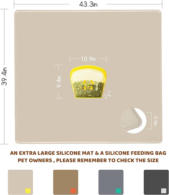 KVK Extra Extra Large Silicone Dog Food Mat 39.4×43.3in and 128oz Silicone Bag Set, Super Size Waterproof Pet Feeding Mat &amp; Container, Non-Slip, Chew-Resistant Floor Protection (Beige&amp;Yellow)