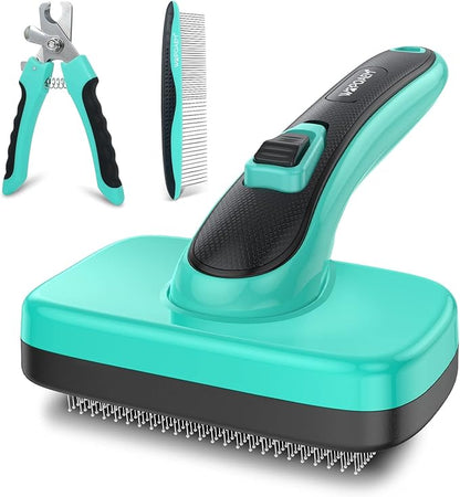 Dog Brush Kit for Grooming Short Long Haired Cats, 3 in 1 Dog Grooming Set for Small Animals, Puppy Self-Cleaning Slicker Brush for Shedding Medium &amp; Large Dogs. Free Pet Comb + Nail Clippers