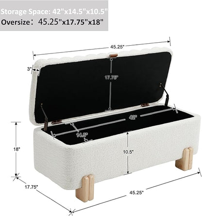 Kmax 45" Storage Bench Faux Fur Entryway Bench Upholstered Ottoman Bench with Wavy Top &amp; Safty Hinge for Bedroom Living Room Hallway, White