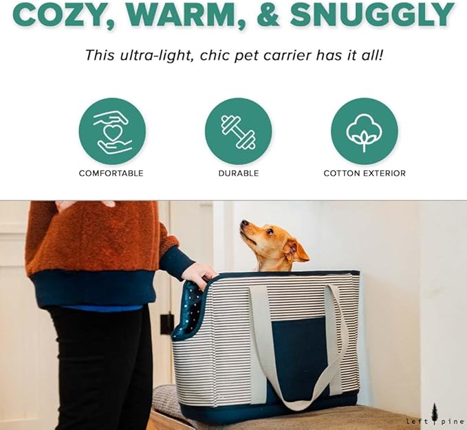LeftPine x P.L.A.Y. Deluxe Dog Carrier Purse - Soft Sided Pet Travel Tote for Small Dogs &amp; Puppies up to 16 Pounds - Built-in Safety Leash, Machine Washable Liner, Exterior Pocket (Navy Striped)