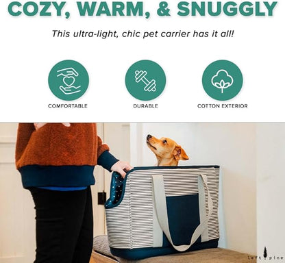 LeftPine x P.L.A.Y. Deluxe Dog Carrier Purse - Soft Sided Pet Travel Tote for Small Dogs &amp; Puppies up to 16 Pounds - Built-in Safety Leash, Machine Washable Liner, Exterior Pocket (Navy Striped)