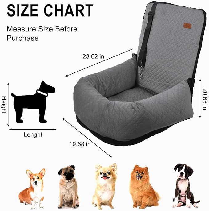 Dog Car Seat for Small Medium Dogs Up to 40lbs, Detachable Washable Soft Pet Booster Travel Bed for Front &amp; Gray Seat with Safety Leash Belt