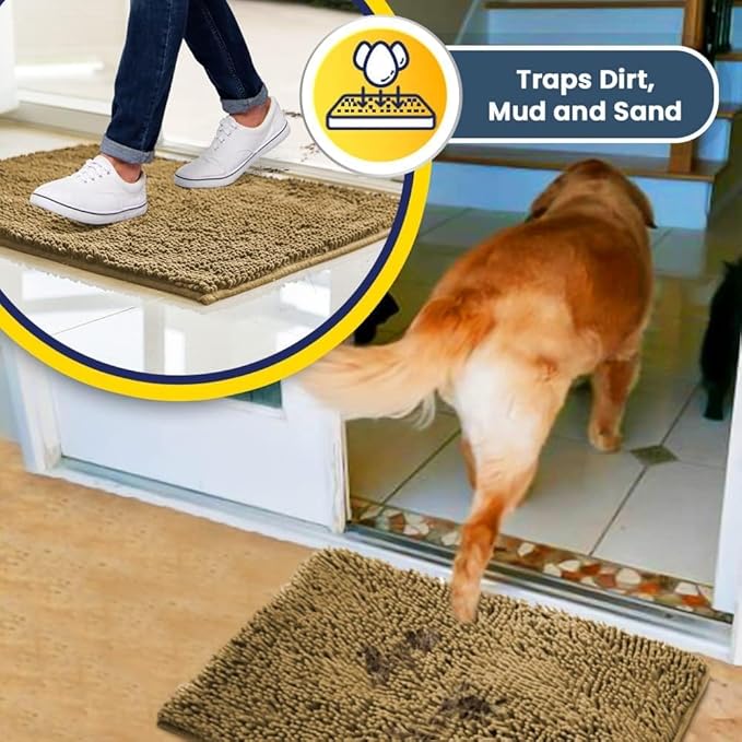 Muddy Mat® Pack of 3 Highly Absorbent Microfiber Dog Door Mat and Pet Rug, Non Slip Thick Washable Area Mat Soft Chenille for Kitchen Bathroom Bedroom and Outdoor - Beige Small, Medium &amp; Large