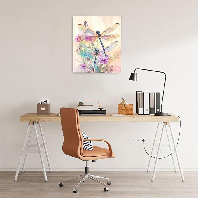 Dragonfly Bathroom Pictures Wall Art, Floral Bathroom Wall Decor, Framed Painting Canvas Artwork for Bedroom Living Room Decorations 24"L x 20"W
