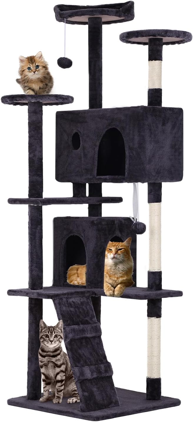 FDW Cat Tree 70in Cat Tower Multi-Level Durable Cat Scratching Post &amp; Cozy Fun Cat Jumping Platform Space Saving Cat Condo Pet Play House for Indoor Cats,Ashy