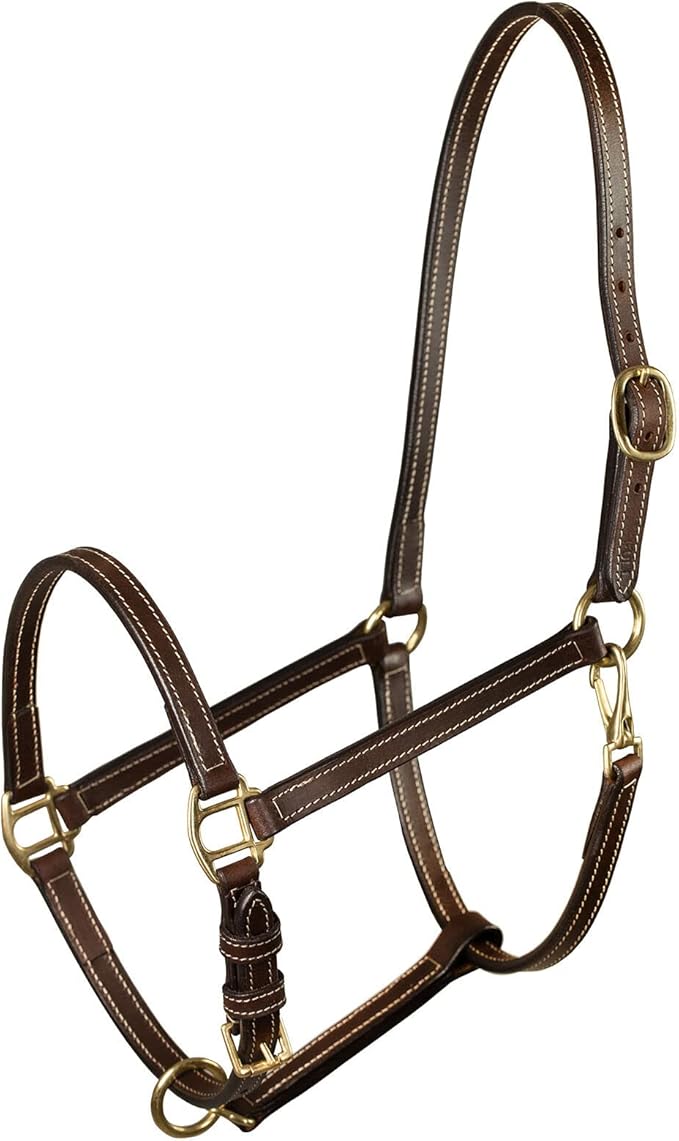 HORZE Fremont Soft Synthetic Leather Horse Halter | Fully Adjustable with Brass Hardware &amp; Contrast Stitching - Brown - Pony