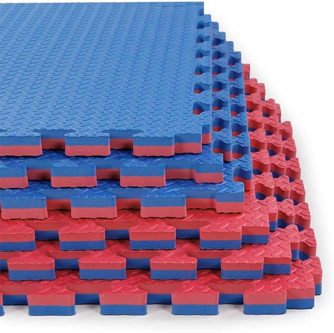Xspec 1" Extra Thick 48 sq ft Reversible EVA Gym Foam Floor Mat Tiles (24" x 24"), Steel Pattern, 12 pcs, Blue &amp; Red