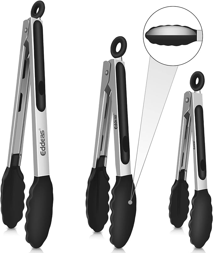 Kitchen Tongs with Silicone Tips, Tongs for Cooking Heat Resistant 600 Degrees Stainless Steel Locking Tong - 7" 9" &amp; 12 inch Silicone Tong Non-Stick, Black Set of 3