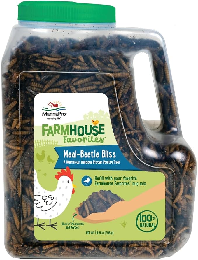 Manna Pro Farmhouse Favorites Beetle Bliss Poultry Treat – Blend of Mealworms and Beetles – All Natural Treat for Chickens, Ducks, Geese, Turkeys, &amp; Guinea Fowl – 45% Protein – 25oz