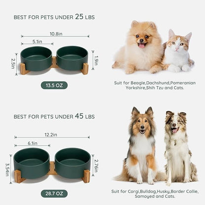SPUNKYJUNKY Ceramic Dog and Cat Bowl with Wood Stand Non-Slip Matte Glaze Weighted Food Water Set for Cats &amp;Small Dogs 13.5 OZ Green
