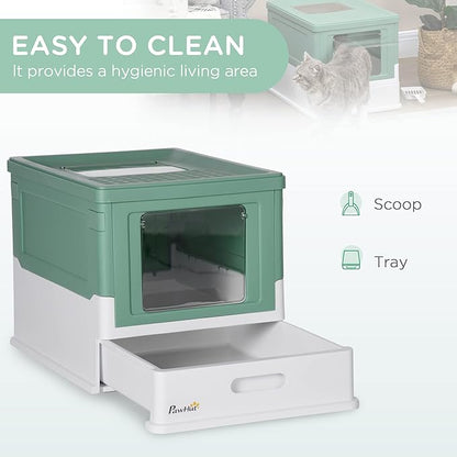 PawHut Fully Enclosed Litter Box with Scoop, Hooded Litter House with Drawer Tray, Foldable Smell Proof Cat Potty with Front Entry, Top Exit, Portable Pet Toilet with Large Space, Green