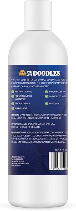 Premium 3-in-1 Sensitive Skin Dog Shampoo, Great for Allergies, Itching, Scratching, Anti-Itch Shampoo for Dogs with Oatmeal &amp; Aloe, Made in USA, Natural Ingredients, 16 oz [We Love Doodles]