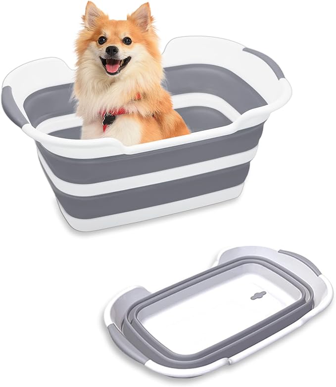 Collapsible Pet Bathtub, 7.1 Gal (27L) - Foldable Bathing Tub with Drain Plug for Dogs &amp; Cats Under 30 lbs - Multi-Use as Laundry Basket, Storage Organizer, Camping Sink (Grey)