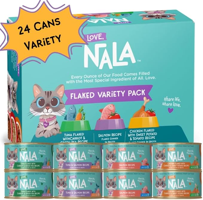 LOVE, NALA - FLAKED Fish &amp; Chicken Variety Pack - 24 Pack- Natural Adult Cat Wet Food - Grain Free, Non-GMO, Lean Protein, Omega 3, Digestive Fiber, Added Minerals &amp; Vitamins