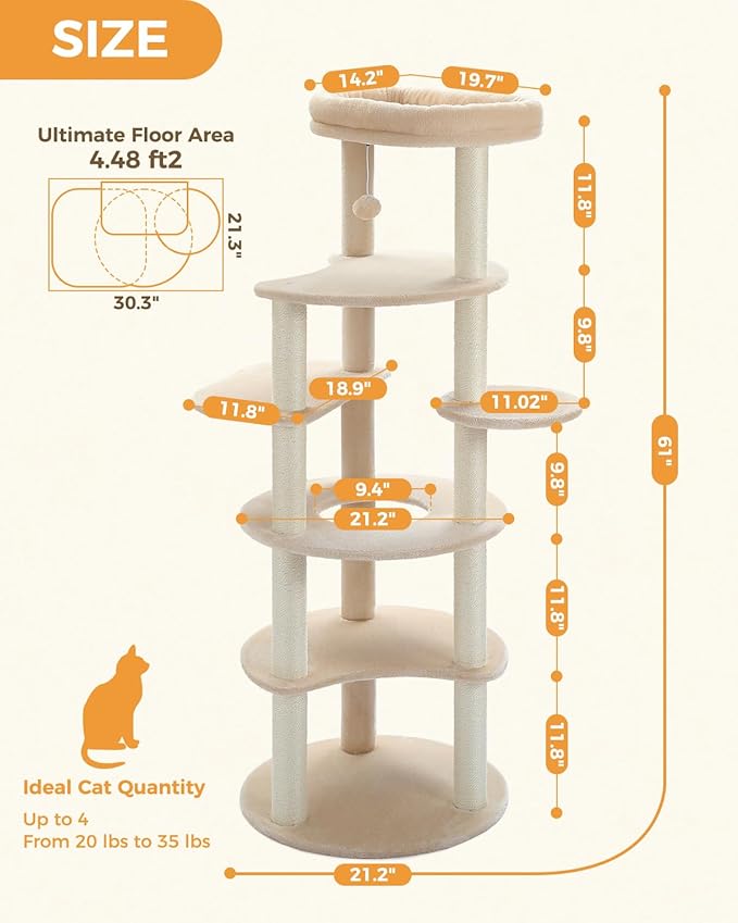 PETEPELA 61" Cat Tree for Indoor Cats, [6-Levels] Cat Climbing Tower with 9 Sisal Scratching Posts and Replaceable Dangling Ball &amp;Top Perch, Beige