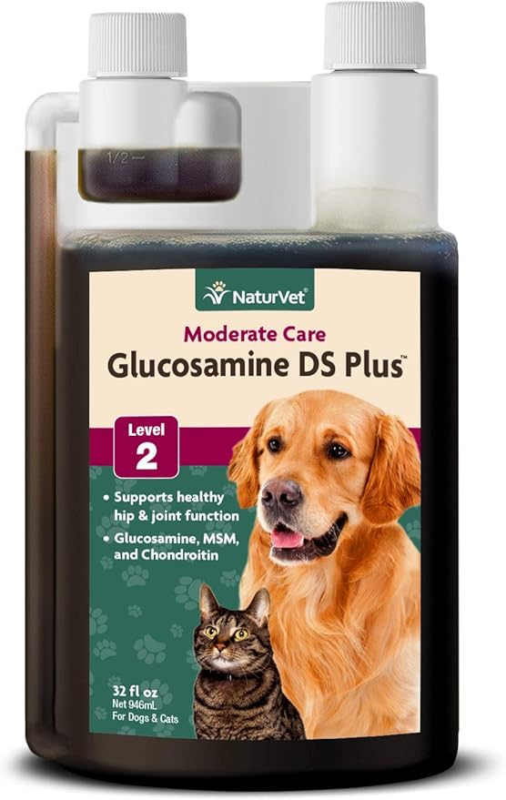 NaturVet Glucosamine DS Plus Hip &amp; Joint Support Liquid Pet Supplement – Level 2 Moderate Care for Dogs &amp; Cats – Includes Glucosamine, MSM, Chondroitin – 32 Oz