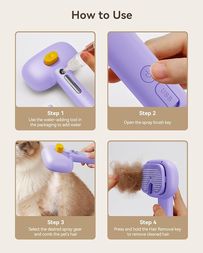 ROJECO 3-in-1 Pet Steam Brush for Cats&amp;Dogs - Detangling Comb with Adjustable Mist, Handheld Deshedding Grooming Tool for Long/Short Hair, Massage Brush &amp; Shedding Control Gift,Cordless,Purple