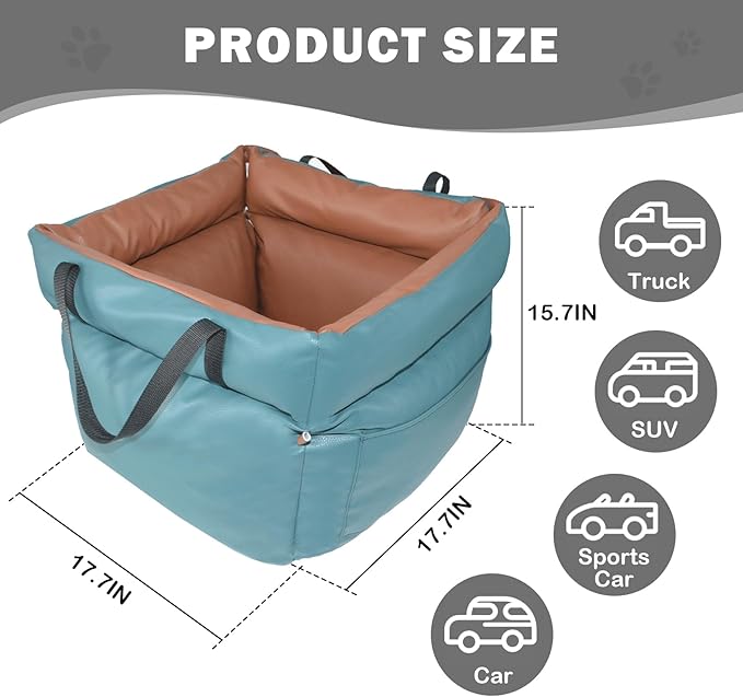 Dog Car Seat for Small Dogs, Large Leather Dog Car Bed with Storage Pocket, Waterproof PVC Leather Booster Seat Travel Bed for Front &amp; Back Seat, Clip-On Safety Leash (Blue/Brown)