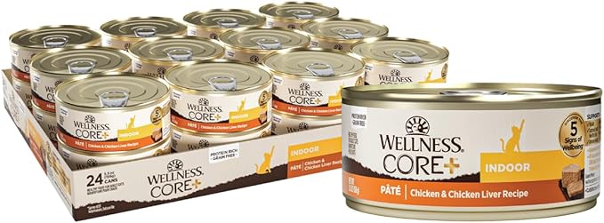 Wellness CORE+ Indoor Pate Adult Wet Cat Food, Natural, Protein-Rich, Grain Free, 5.5 Ounce, 24 Pack (Chicken &amp; Chicken Liver)
