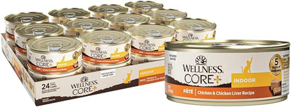 Wellness CORE+ Indoor Pate Adult Wet Cat Food, Natural, Protein-Rich, Grain Free, 5.5 Ounce, 24 Pack (Chicken &amp; Chicken Liver)