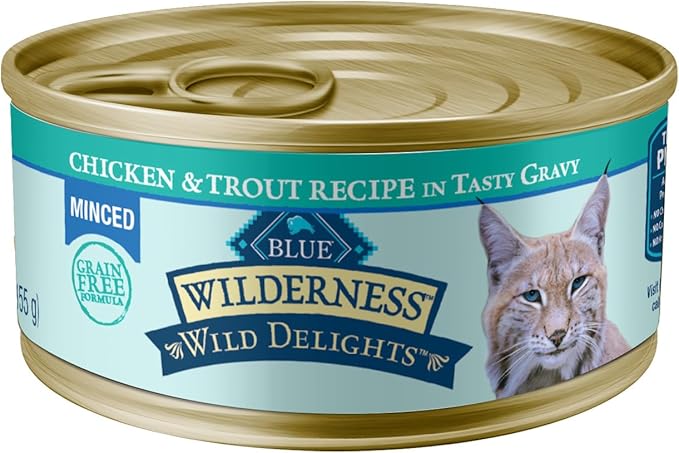 Blue Buffalo Wilderness Wild Delights Minced Wet Cat Food, High-Protein &amp; Grain-Free, Made with Natural Ingredients, Chicken &amp; Trout Recipe in Tasty Gravy, 5.5-oz. Cans (24 Count)