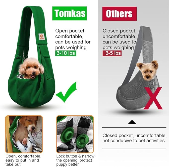 Tomkas Small Dog Sling Carrier - Classic Pocket &amp; Classic Strap - for 3-10 lbs Pets(Emerald Green)
