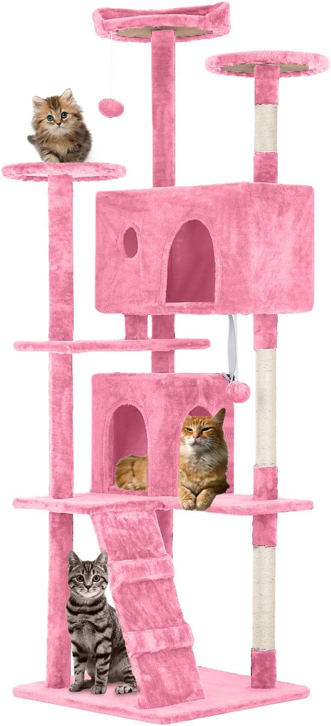 FDW Cat Tree 70in Cat Tower Multi-Level Durable Cat Scratching Post &amp; Cozy Fun Cat Jumping Platform Space Saving Cat Condo Pet Play House for Indoor Cats,Pink