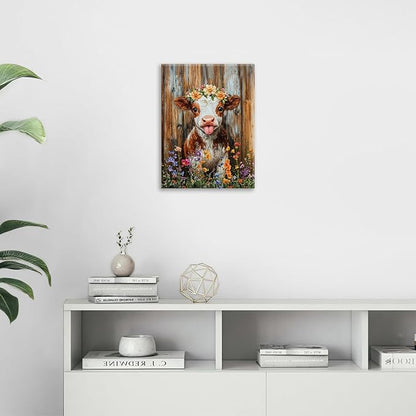 Funny Cow Bathroom Pictures Wall Art, Rustic Brown Cute Cow Bathroom Wall Decor, Farmhouse Floral Framed Painting Animal Flower Canvas Artwork for Bedroom Living Room Decorations 16"L x 12"W