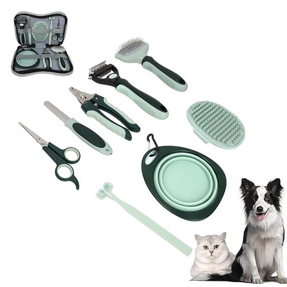8-in-1 Pet Grooming Kit for Dogs &amp; Cats - Includes Slicker Brush, Nail Clippers, Comb, Scissors, Toothbrush &amp; Collapsible Bowl - Deshedding, Hair Trimming &amp; Care Set, Travel Bag