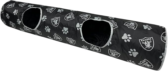 NFL Las Vegas Raiders Cat Tunnel Tube Toy with Plush Football Catnip and Feathers Collapsible Tunnel for Cats to Play, Peek and Hide, Sporty &amp; Fun Cat Tunnel Toy with Team Logo All-Over Design!