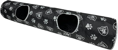 NFL Las Vegas Raiders Cat Tunnel Tube Toy with Plush Football Catnip and Feathers Collapsible Tunnel for Cats to Play, Peek and Hide, Sporty &amp; Fun Cat Tunnel Toy with Team Logo All-Over Design!