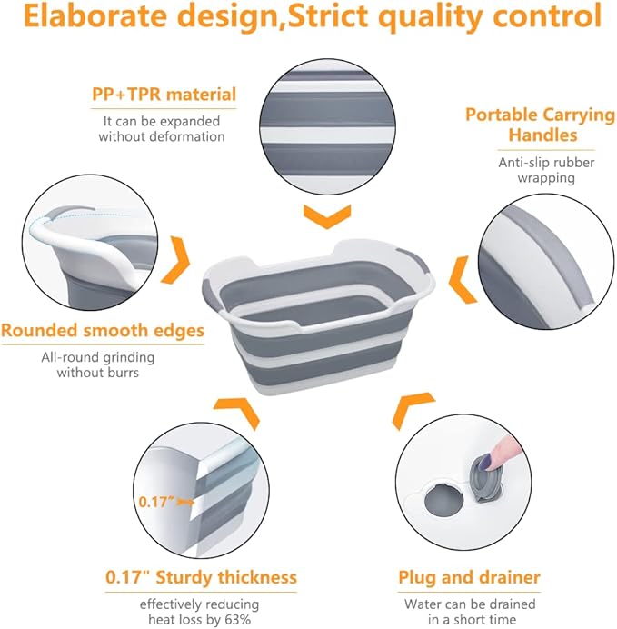 Collapsible Pet Bathtub, 7.1 Gal (27L) - Foldable Bathing Tub with Drain Plug for Dogs &amp; Cats Under 30 lbs - Multi-Use as Laundry Basket, Storage Organizer, Camping Sink (Grey)