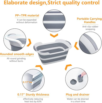 Collapsible Pet Bathtub, 7.1 Gal (27L) - Foldable Bathing Tub with Drain Plug for Dogs &amp; Cats Under 30 lbs - Multi-Use as Laundry Basket, Storage Organizer, Camping Sink (Grey)
