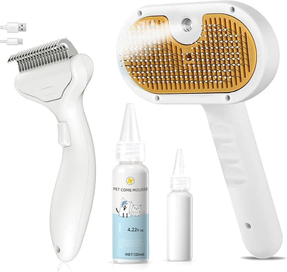 3-in-1 Pet Steam Brush Set for Dogs &amp; Cats, Grooming Comb with Spray, Defur Tool, Water-Assisted Hair Removal, Spritz Brush, Multi-Purpose Kit, Undercoat Rake, Deshedding Brushes, Dematting Brush.