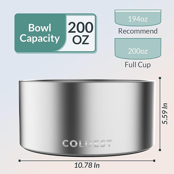 Coldest Dog Bowl - Anti Rust Metal, Non Slip, 3 Layers Insulated Stainless Steel Dog Bowls - Spill Proof &amp; Heavy Duty - Water Bowl for Dogs, Cats, Dish Washer Safe (200 oz, Polished Stainless Steel)