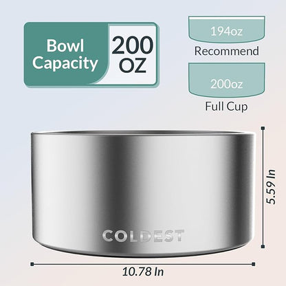 Coldest Dog Bowl - Anti Rust Metal, Non Slip, 3 Layers Insulated Stainless Steel Dog Bowls - Spill Proof &amp; Heavy Duty - Water Bowl for Dogs, Cats, Dish Washer Safe (200 oz, Polished Stainless Steel)