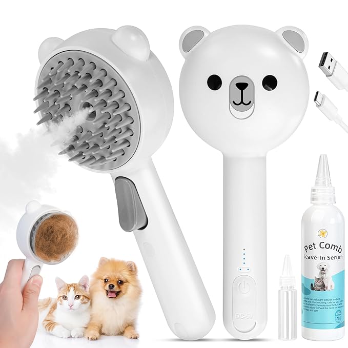 4 in 1 Pet Steam Brush for Cat &amp; Dog, Cat Steam Brush for indoor Cats, Self Cleaning Shedding &amp; Grooming Tool with Waterless Shampoo, Pet Spray Hair Removal Comb with Release Button &amp; Water Tank