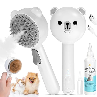 4 in 1 Pet Steam Brush for Cat &amp; Dog, Cat Steam Brush for indoor Cats, Self Cleaning Shedding &amp; Grooming Tool with Waterless Shampoo, Pet Spray Hair Removal Comb with Release Button &amp; Water Tank