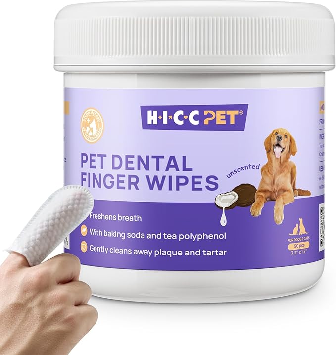 HICC PET Teeth Cleaning Wipes for Dogs &amp; Cats, Vet-Recommended Remove Bad Breath &amp; Plaque &amp; Tartar Buildup Dog Finger Toothbrush Wipes, Dog Tooth Brushing Kit Remove Stain &amp; Gum Care for Small Animal