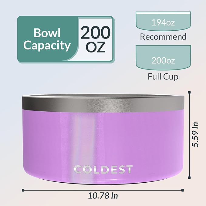 Coldest Dog Bowl - Anti Rust Metal, Non Slip, 3 Layers Insulated Stainless Steel Dog Bowls - Spill Proof &amp; Heavy Duty - Water Bowl for Dogs, Cats, Dish Washer Safe (200 oz, Saturns Purple Glitter)
