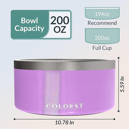 Coldest Dog Bowl - Anti Rust Metal, Non Slip, 3 Layers Insulated Stainless Steel Dog Bowls - Spill Proof &amp; Heavy Duty - Water Bowl for Dogs, Cats, Dish Washer Safe (200 oz, Saturns Purple Glitter)