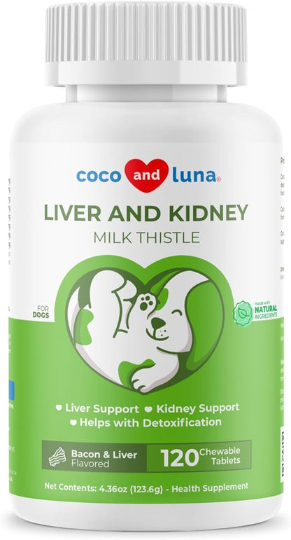 Milk Thistle for Dogs - 120 Chewable Tablets - Silymarin - Liver and Kidney Support with EPA &amp; DHA - Detox - Liver Supplement for Dogs with Choline and L-Arginine