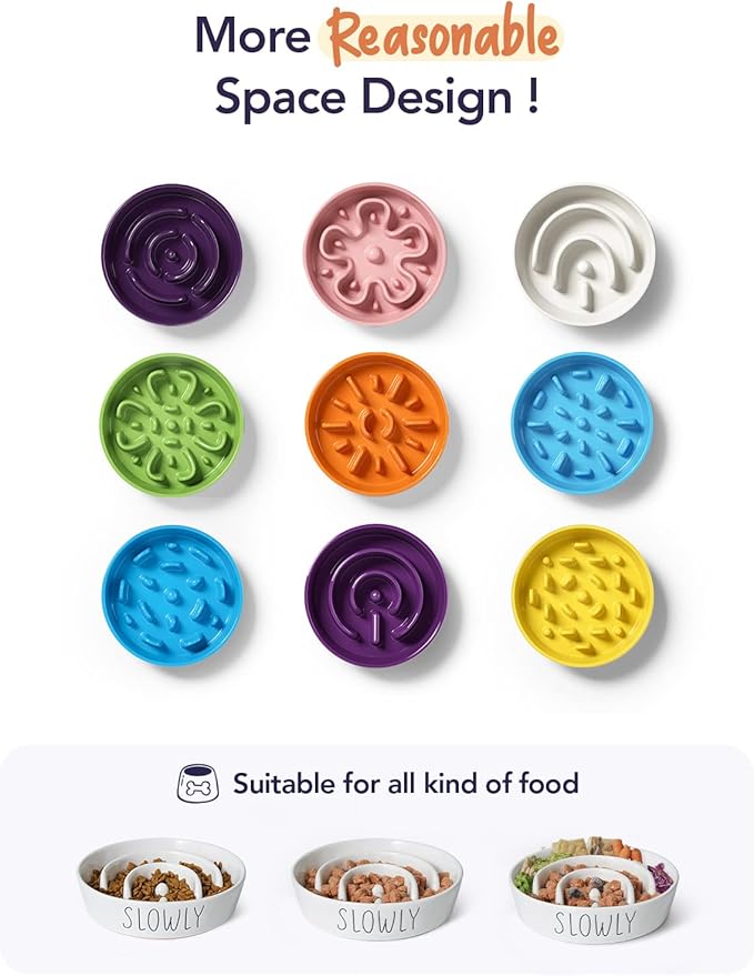 Slow Feeder Dog Bowl - 1.5 Cups Ceramic Puzzle Feeder for Small &amp; Medium Breeds, Maze Design Bowl for Puppy &amp; Fast Eaters, White Pet Dish to Control Eating Speed