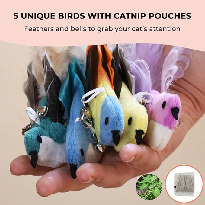 Interactive Catnip Bird Toy Set, Interactive Cat Toys for Indoor Cats, Cat Feather Toy, Self-Holding Suction Base, 5 Birds, Catnip Pouches, Feathers &amp; Bells, Realistic Bird Impression